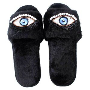New Black Cozy Bedroom Beaded Evil Eye Furry Slippers W/ Rubber Sole Size 7.5.-8